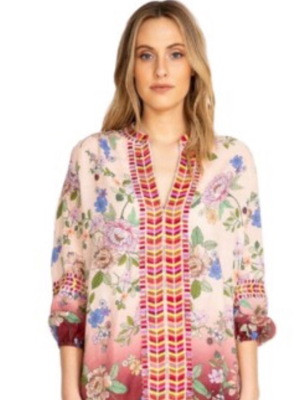 Johnny Was Blush Floral Embroidered Split-Neck Tunic with Multicolor Trim
